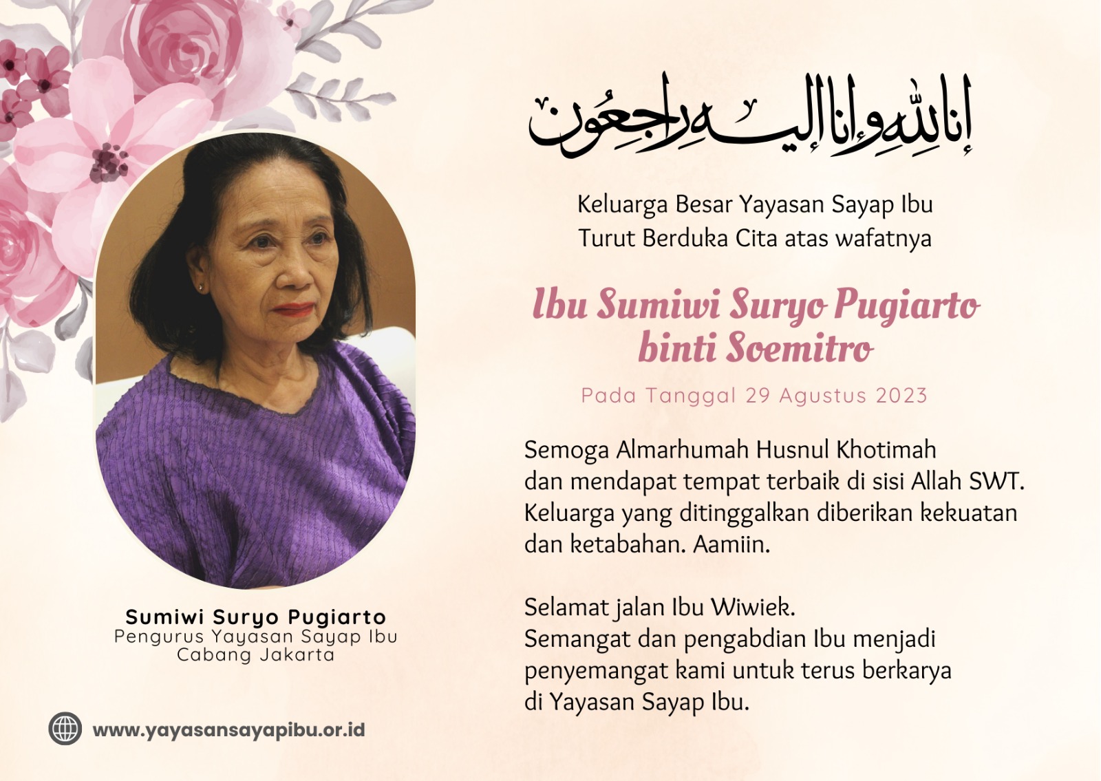 You are currently viewing Turut Berduka Cita atas wafatnya Ibu Sumiwi Suryo Pugiarto binti Soemitro